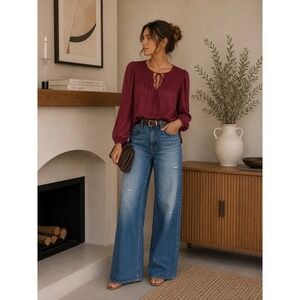 fun2fun Burgundy Smocked Tie Neck Boho Blouse‎ Small